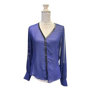 sanctuary Blue Sheer Blouse Size S  Black leather trim